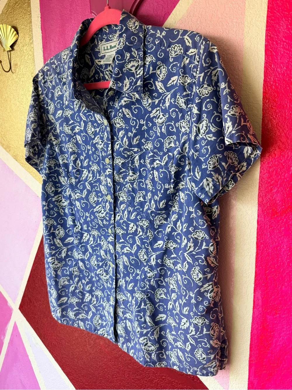 Vintage L.L. Bean Floral Button Down Shirt Sz M Navy Blue Cottage Print